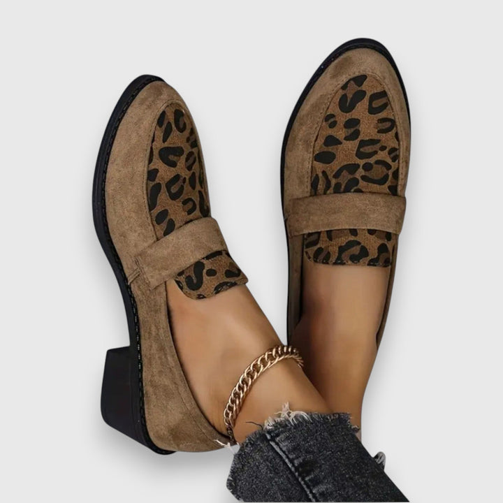 Women’s Penny Strap Block Heel Loafers with Irregular Spot Panel