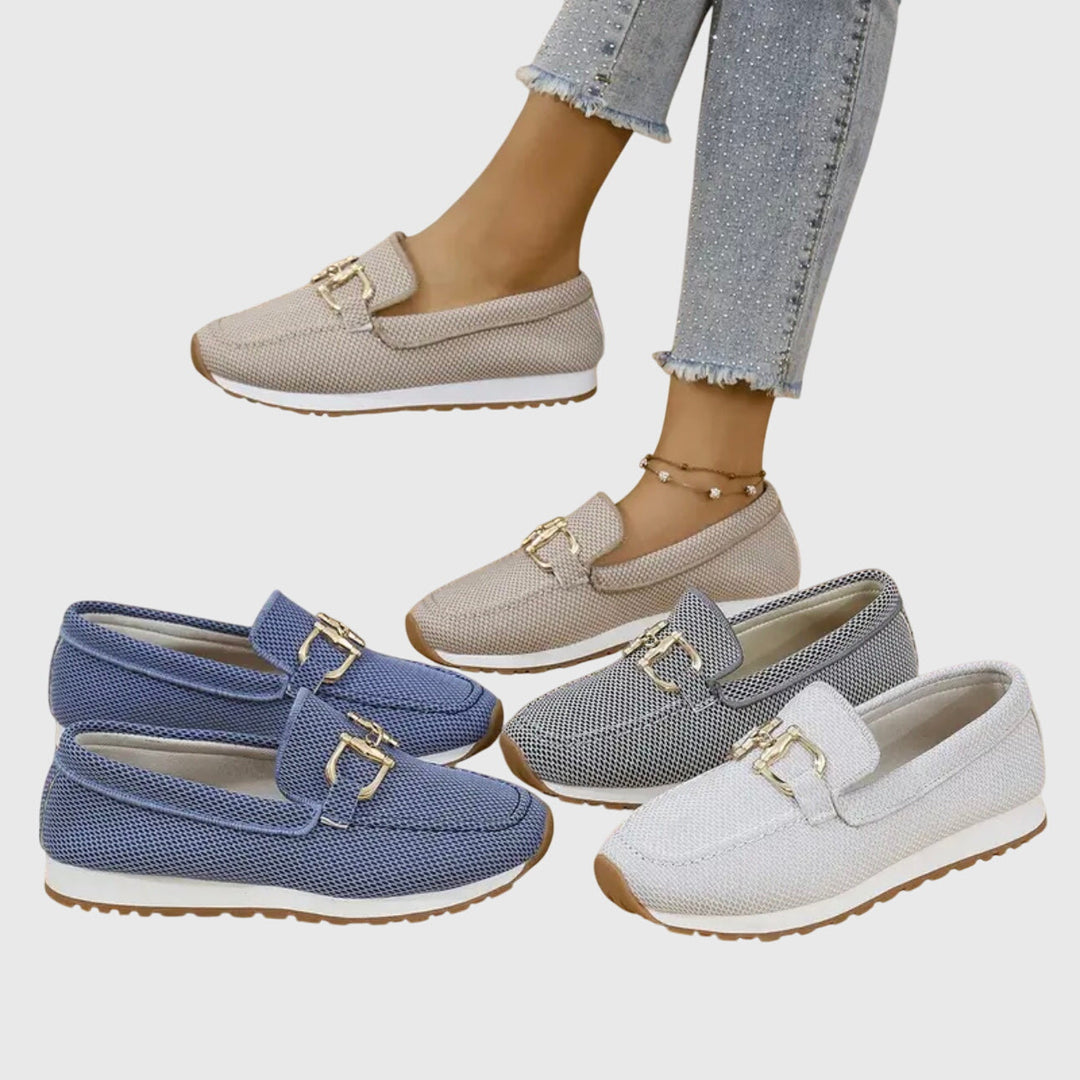 Women’s Rounded Toe Slip-On Loafers with Textured Upper and Link Hardware