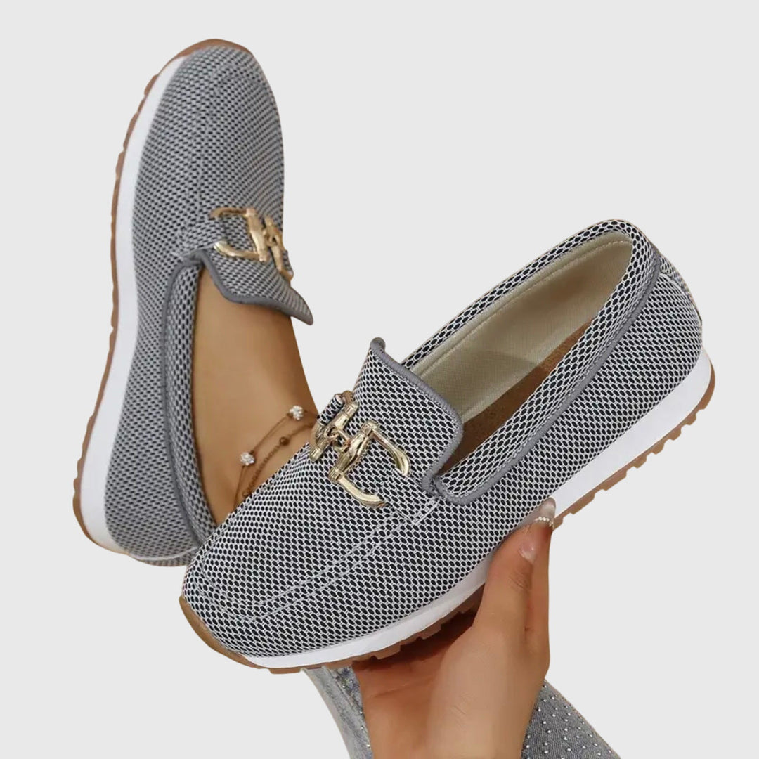 Women’s Rounded Toe Slip-On Loafers with Textured Upper and Link Hardware