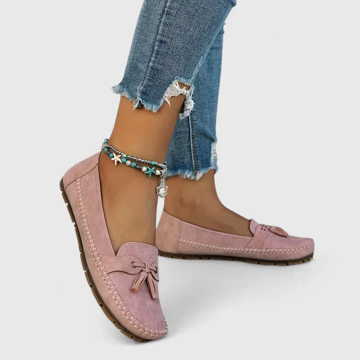 Women’s Rounded Toe Slip-On Moccasin Flats with Tassel Lace Detail