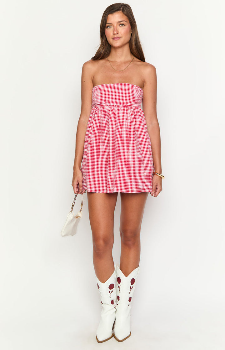 Women’s Smocked Gingham Strapless Mini Dress