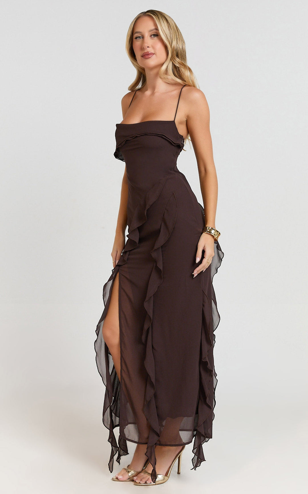 Women’s Spaghetti Strap Ruffle Detail Midi Dress