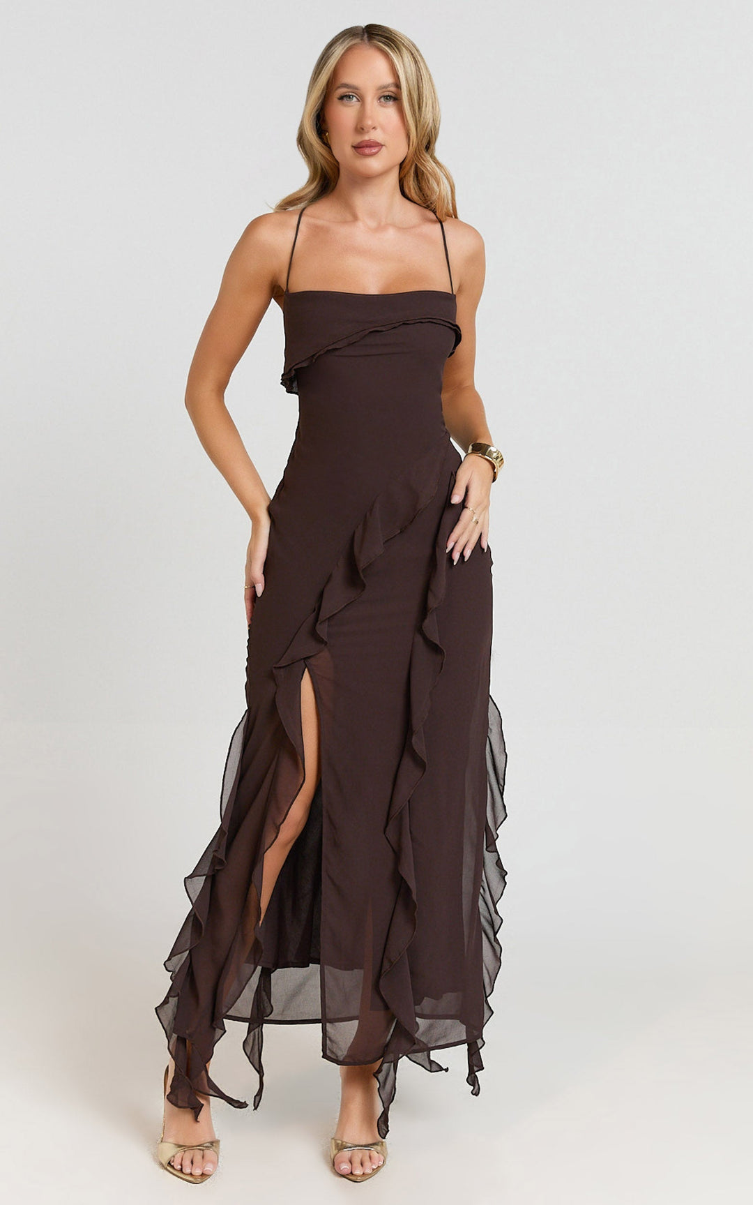Women’s Spaghetti Strap Ruffle Detail Midi Dress