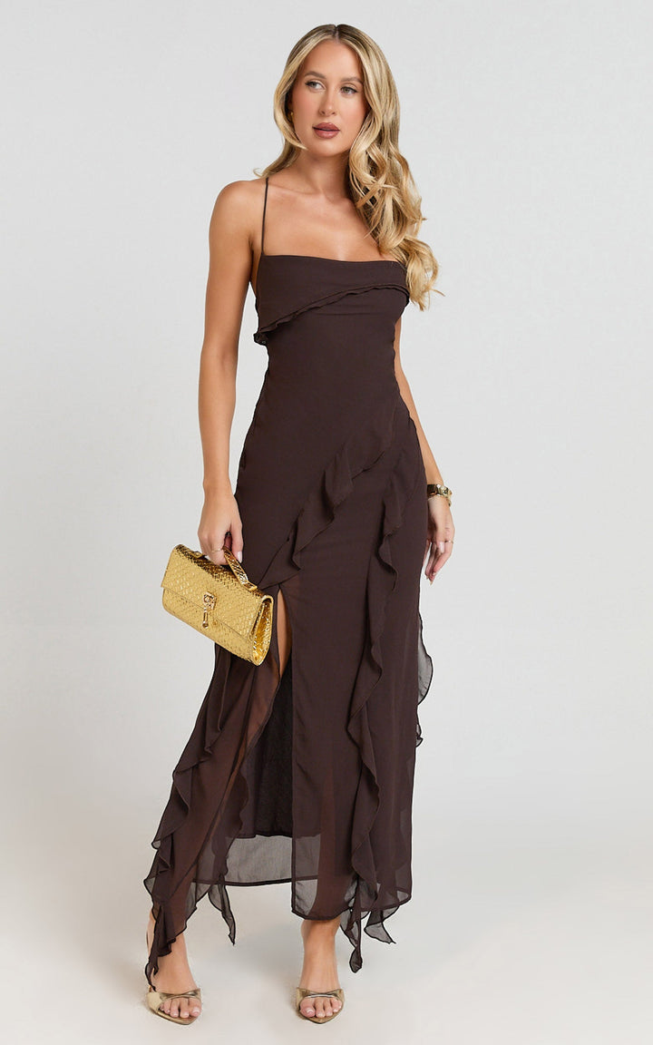 Women’s Spaghetti Strap Ruffle Detail Midi Dress