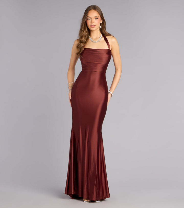 Women's Square Halter Mermaid Maxi Dress with Lace-Up Back
