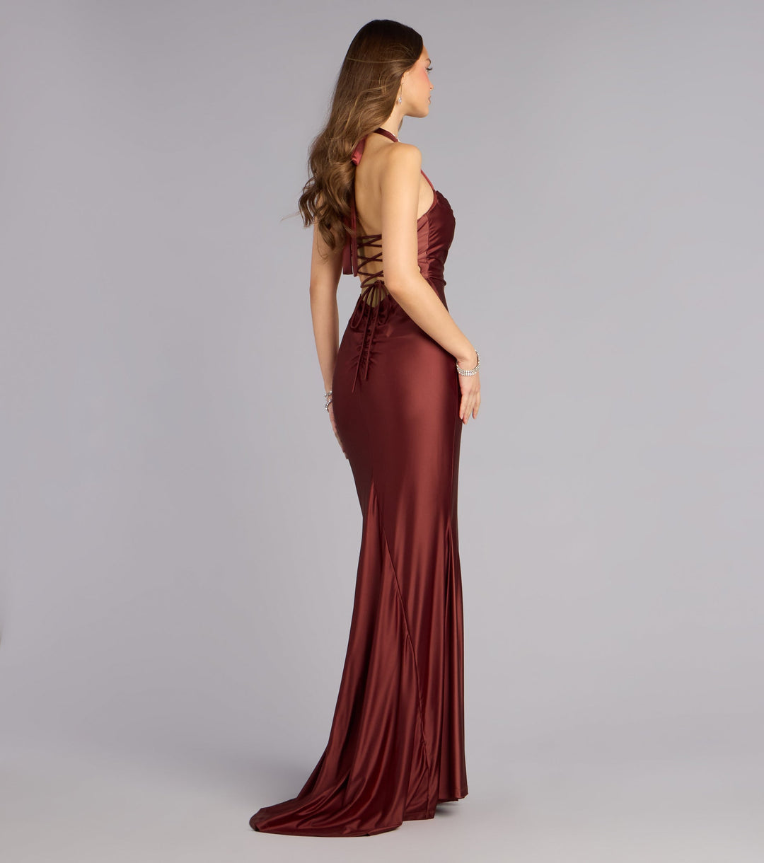 Women's Square Halter Mermaid Maxi Dress with Lace-Up Back