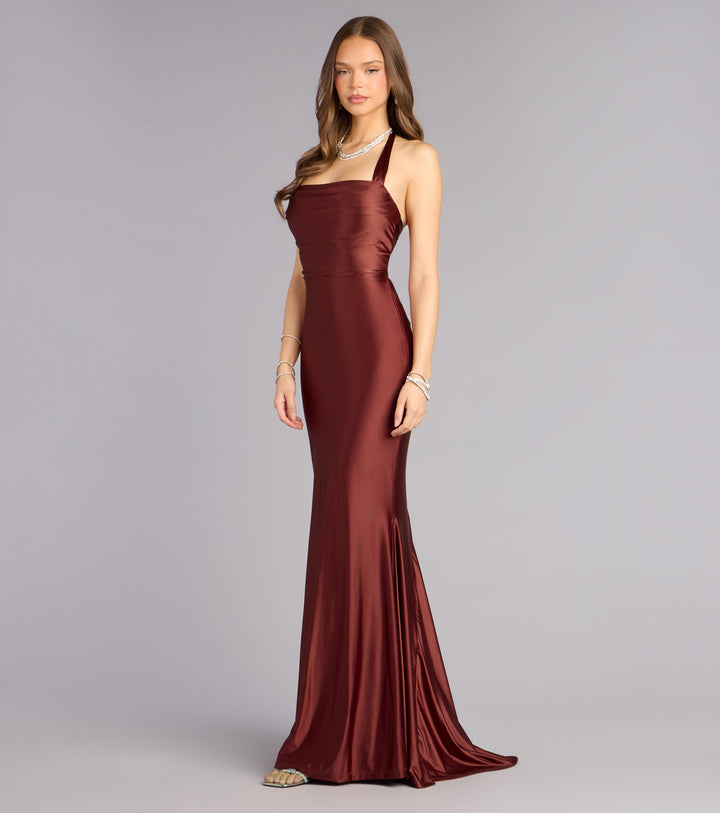 Women's Square Halter Mermaid Maxi Dress with Lace-Up Back