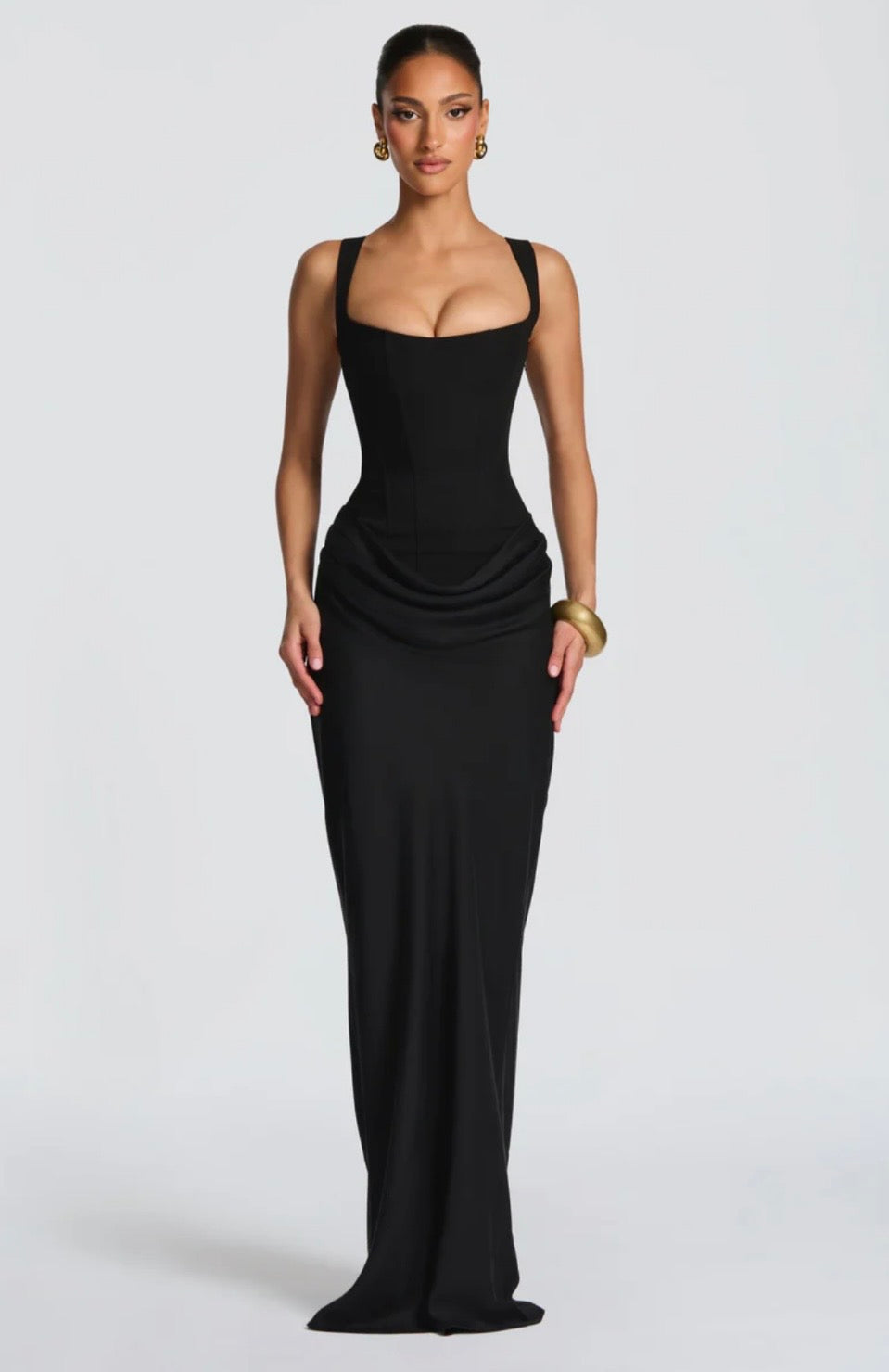 Women's Square Neck Maxi Dress with Lace-Up Back and Ruched Waist