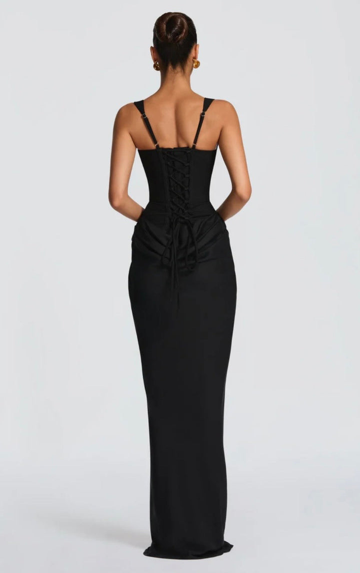 Women's Square Neck Maxi Dress with Lace-Up Back and Ruched Waist