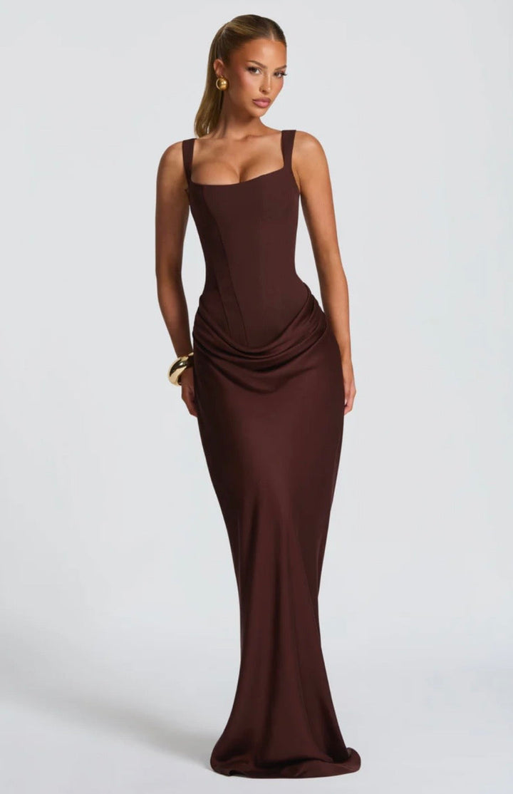 Women's Square Neck Maxi Dress with Lace-Up Back and Ruched Waist
