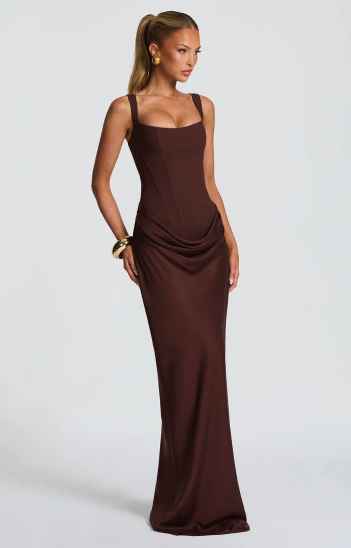 Women's Square Neck Maxi Dress with Lace-Up Back and Ruched Waist