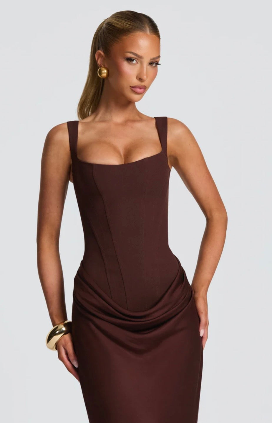 Women's Square Neck Maxi Dress with Lace-Up Back and Ruched Waist