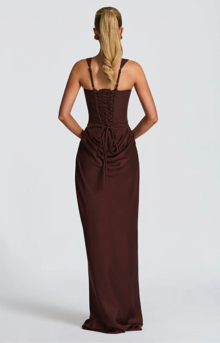 Women's Square Neck Maxi Dress with Lace-Up Back and Ruched Waist