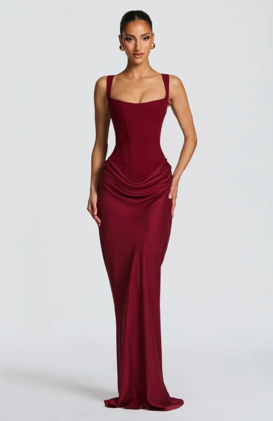 Women's Square Neck Maxi Dress with Lace-Up Back and Ruched Waist