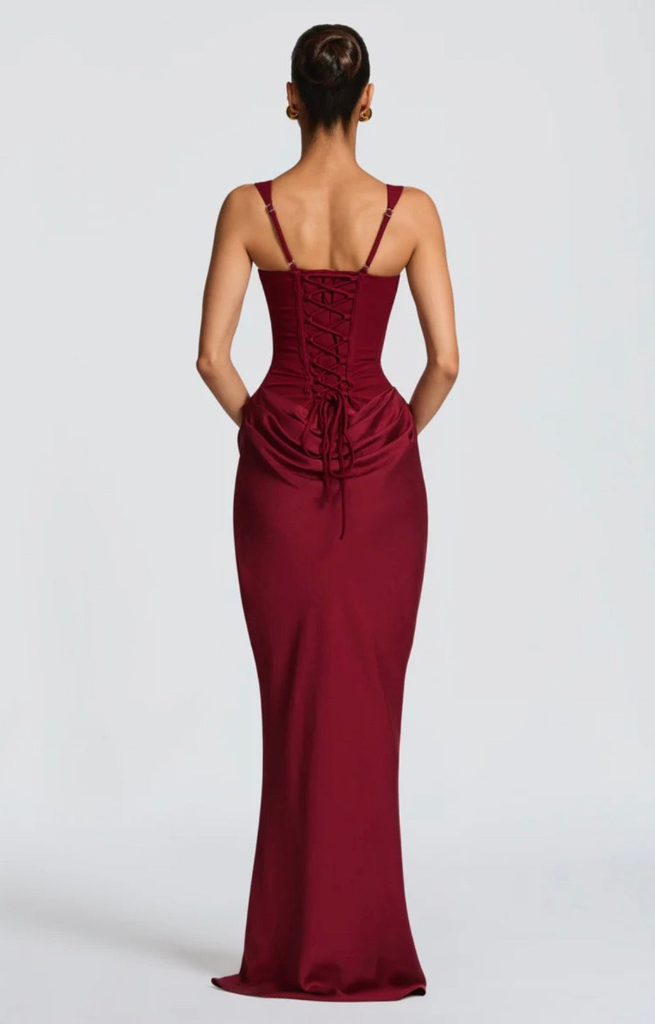 Women's Square Neck Maxi Dress with Lace-Up Back and Ruched Waist
