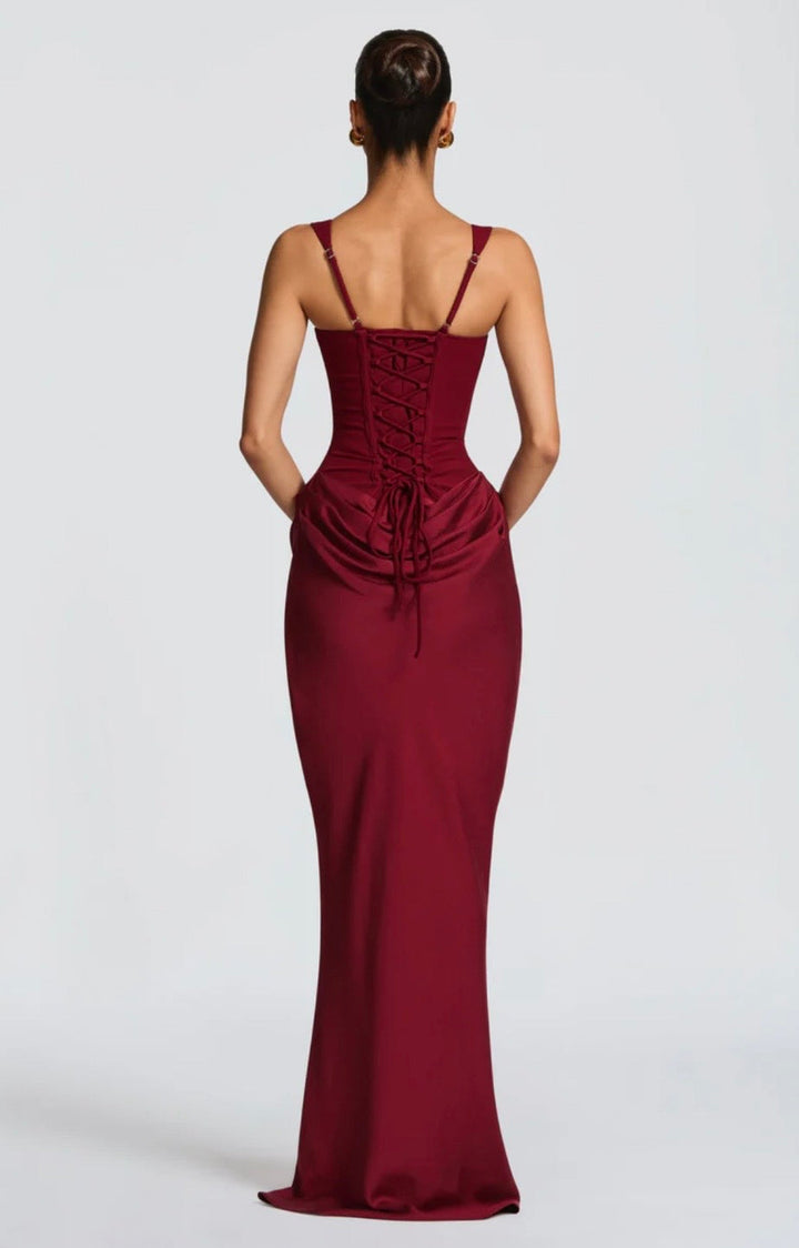 Women's Square Neck Maxi Dress with Lace-Up Back and Ruched Waist