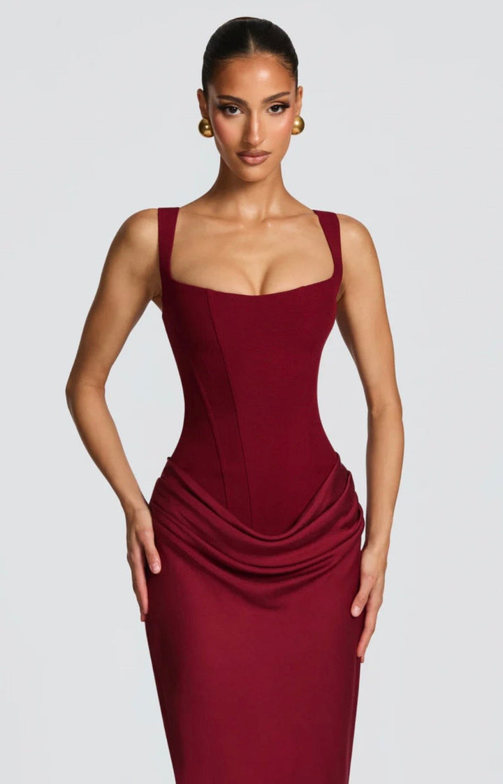 Women's Square Neck Maxi Dress with Lace-Up Back and Ruched Waist