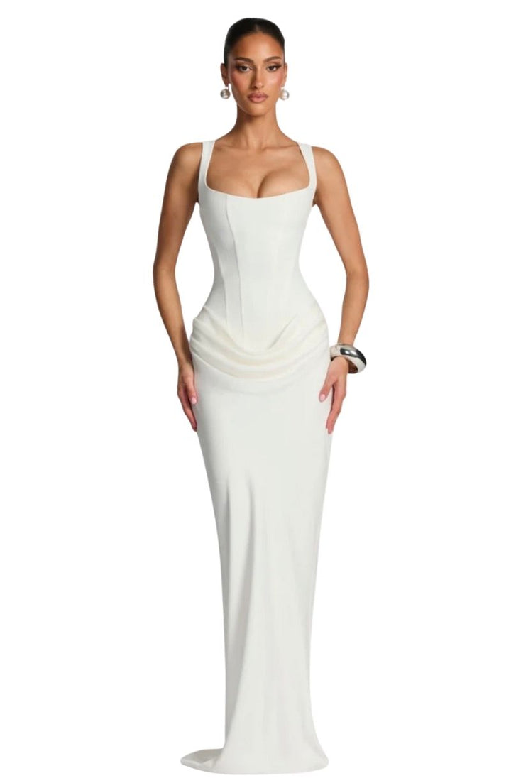 Women's Square Neck Maxi Dress with Lace-Up Back and Ruched Waist