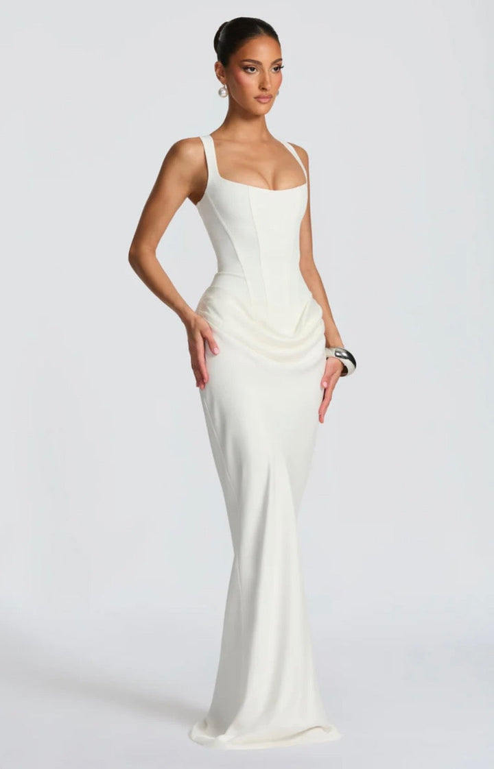 Women's Square Neck Maxi Dress with Lace-Up Back and Ruched Waist