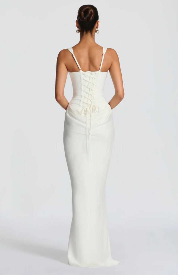 Women's Square Neck Maxi Dress with Lace-Up Back and Ruched Waist