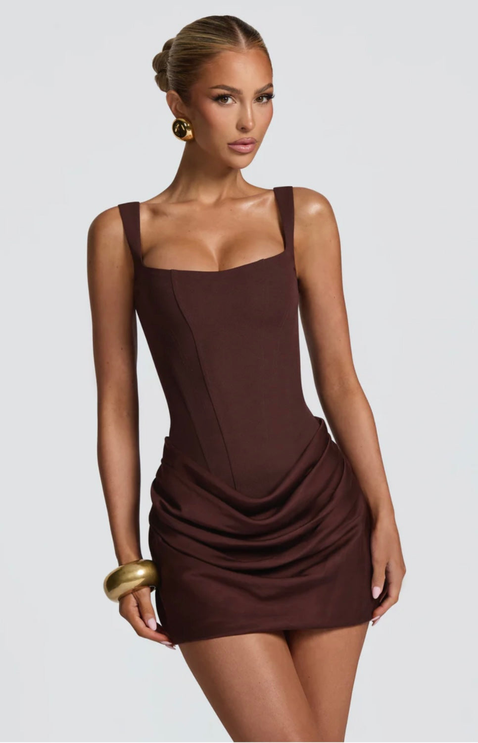Women's Square Neck Mini Dress with Lace-Up Back and Ruched Skirt