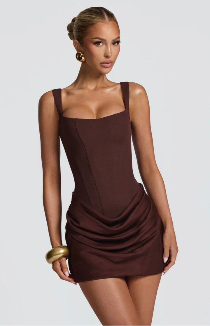 Women's Square Neck Mini Dress with Lace-Up Back and Ruched Skirt