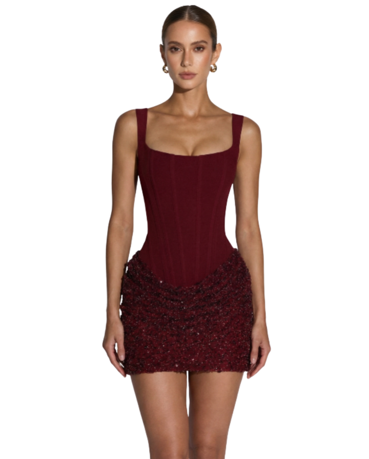 Women's Square Neck Sequin Mini Dress with Lace-Up Back