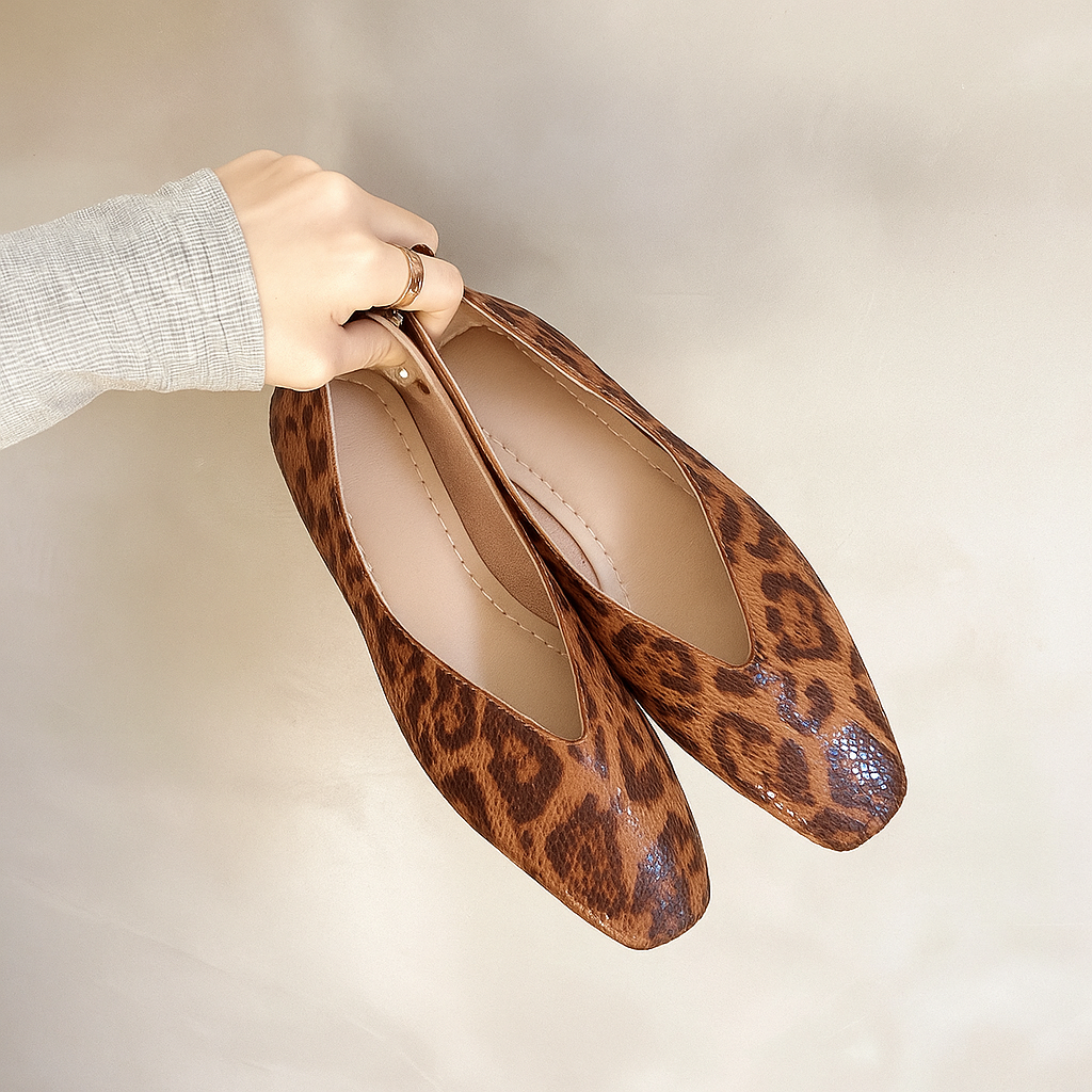 Women’s Square Toe Slip-On Flats with Multi-Tone Spot Pattern