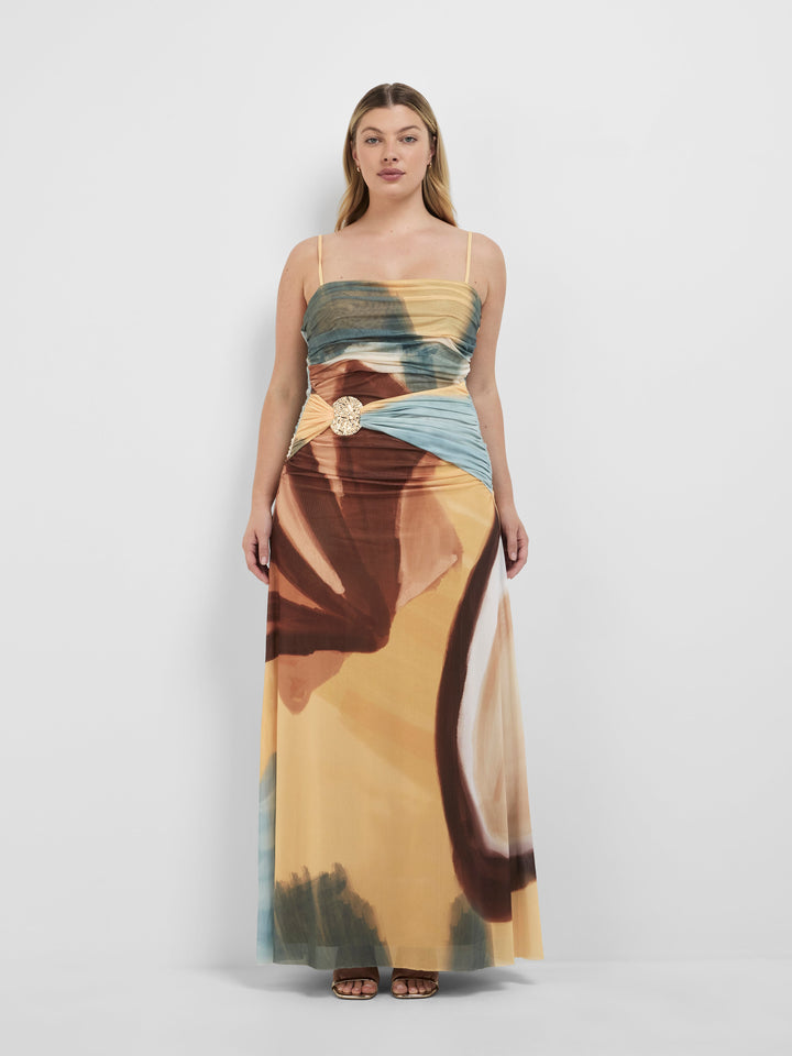 Women’s Straight Neck Maxi Dress with Adjustable Straps and Ruched Bodice