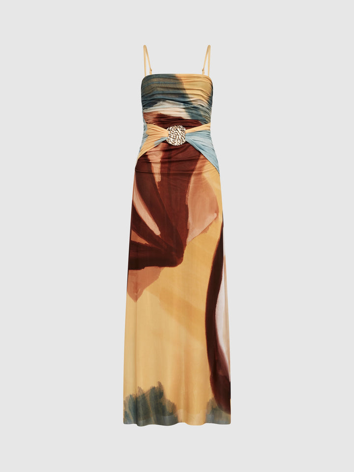 Women’s Straight Neck Maxi Dress with Adjustable Straps and Ruched Bodice
