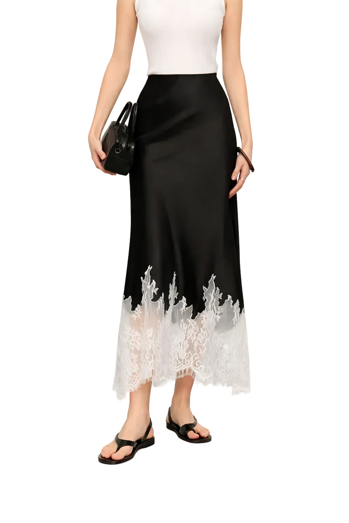 Women's High Waist Straight Midi Skirt with Lace Hem
