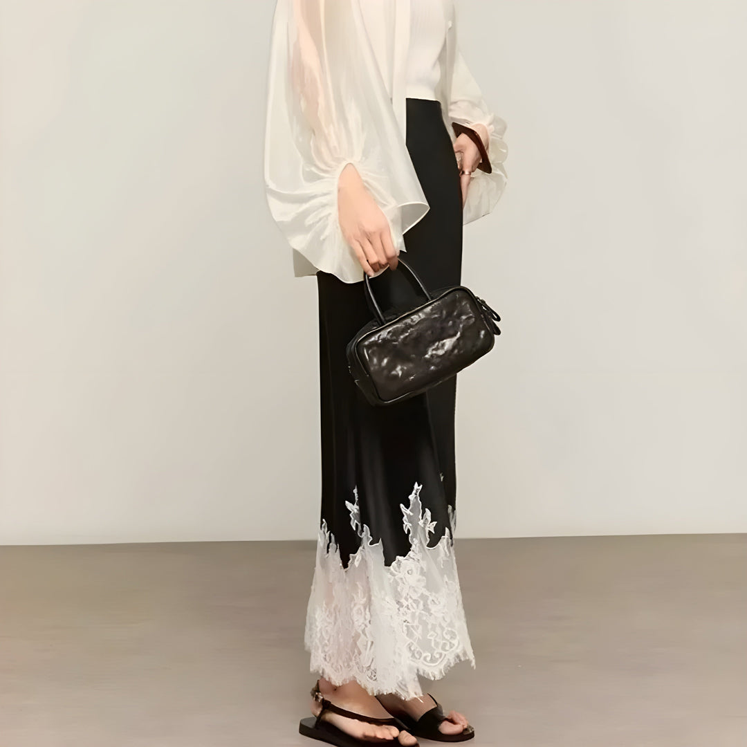Women's High Waist Straight Midi Skirt with Lace Hem