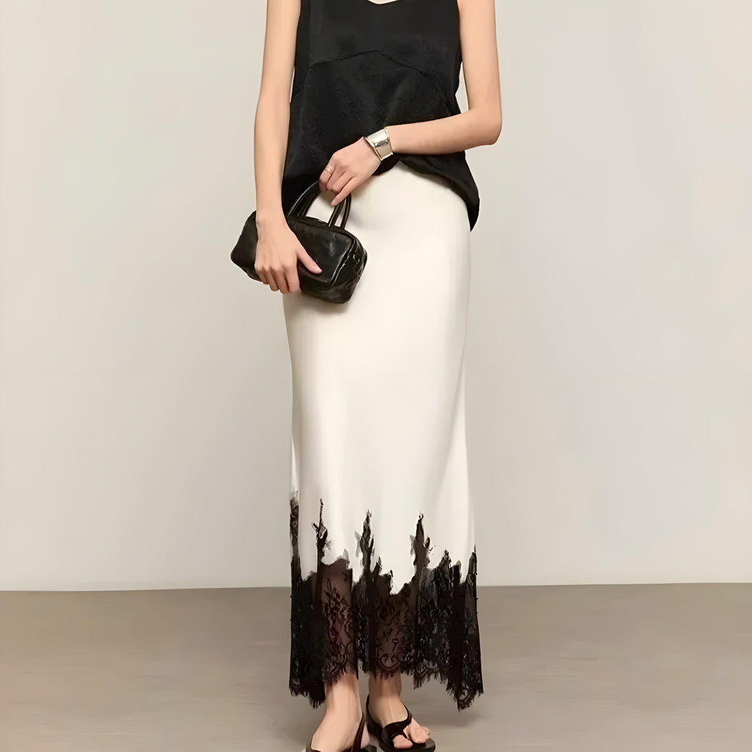 Women's High Waist Straight Midi Skirt with Lace Hem