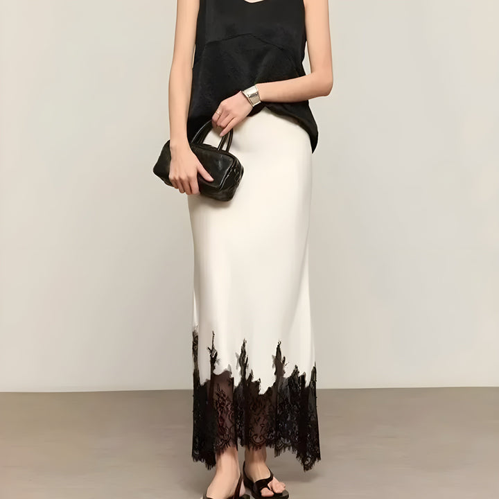 Women's High Waist Straight Midi Skirt with Lace Hem