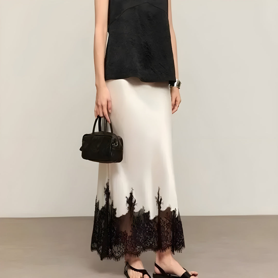Women's High Waist Straight Midi Skirt with Lace Hem