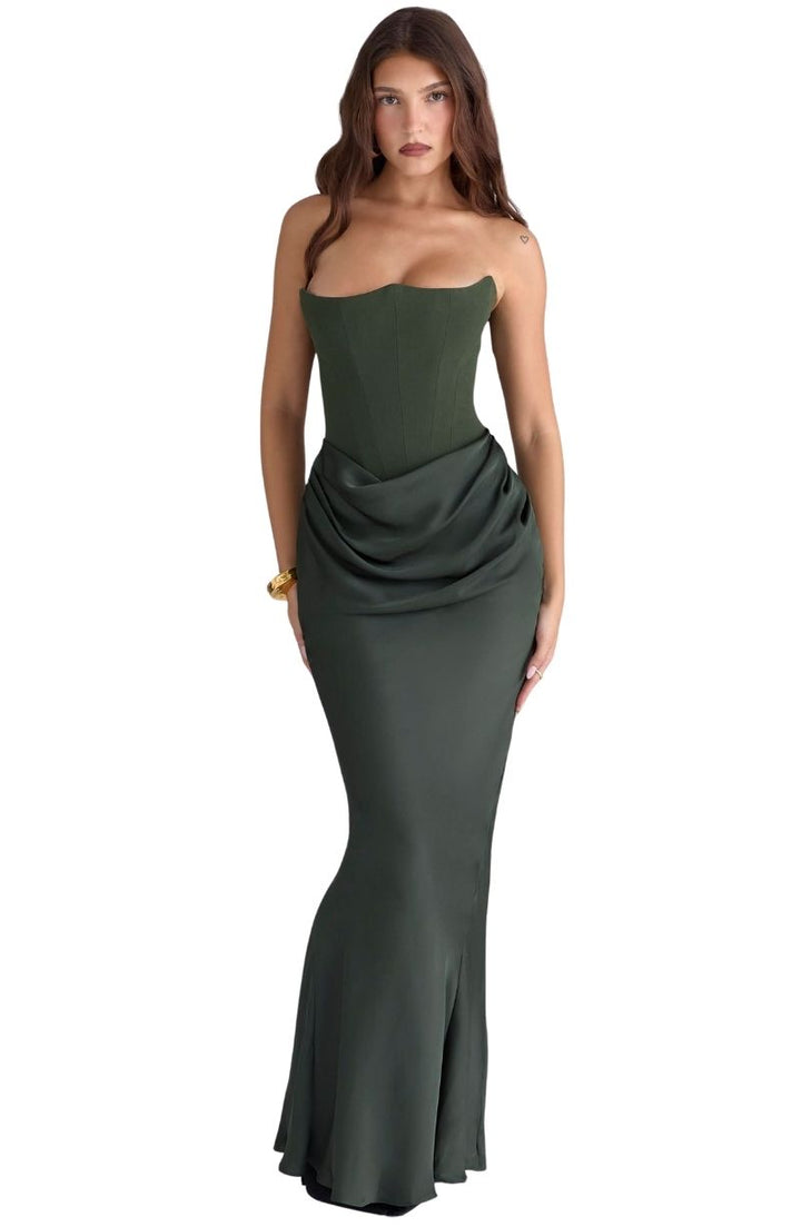 Women's Strapless Corset Maxi Dress with Draped Waist Detail
