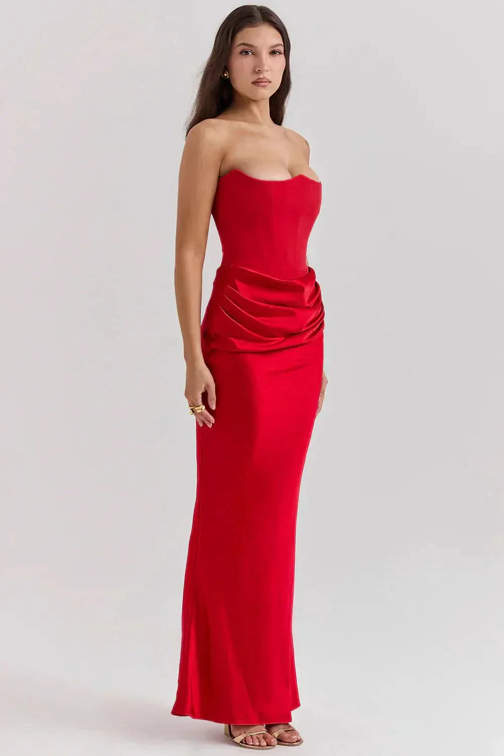 Women's Strapless Corset Maxi Dress with Draped Waist Detail