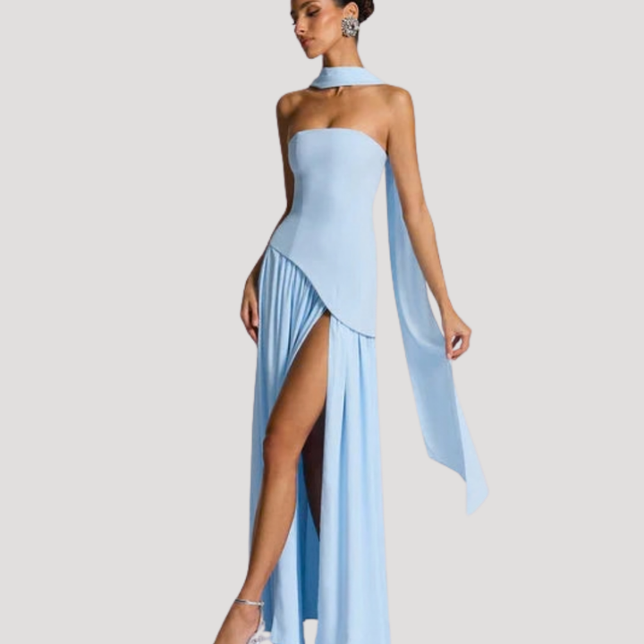 Women’s Strapless Corset Maxi Dress with Neck Scarf