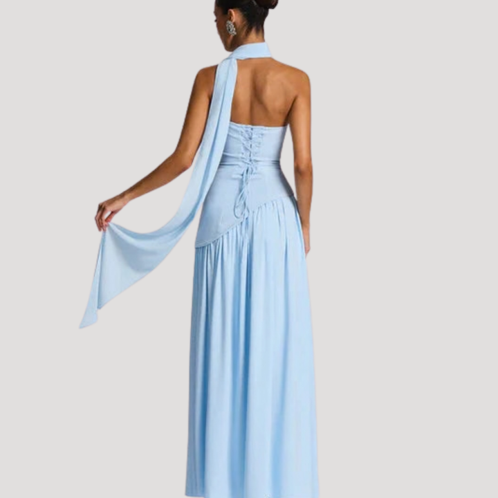 Women’s Strapless Corset Maxi Dress with Neck Scarf