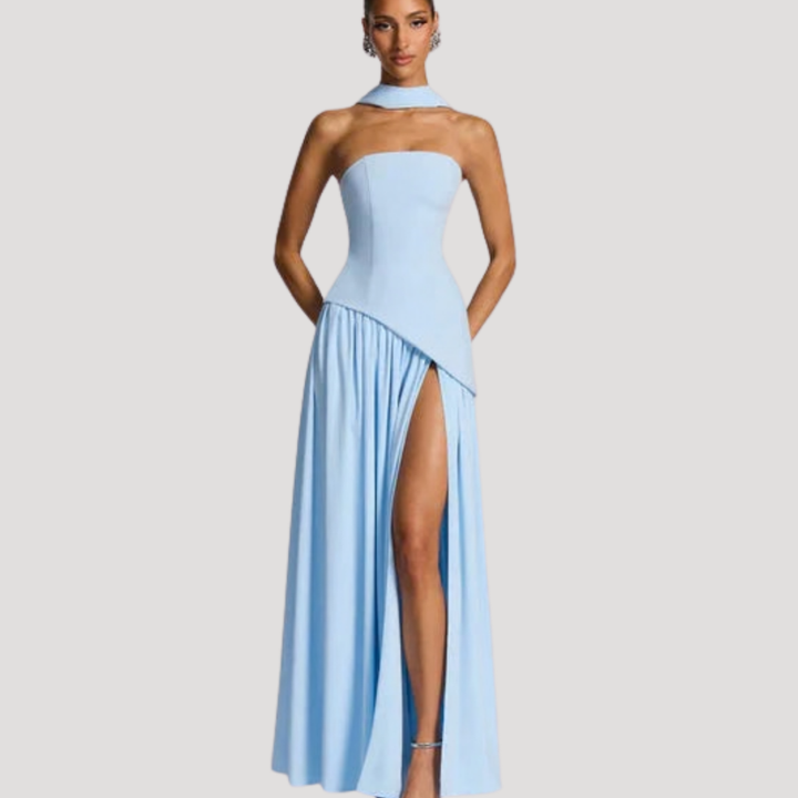 Women’s Strapless Corset Maxi Dress with Neck Scarf