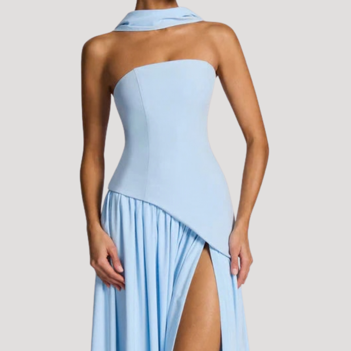 Women’s Strapless Corset Maxi Dress with Neck Scarf