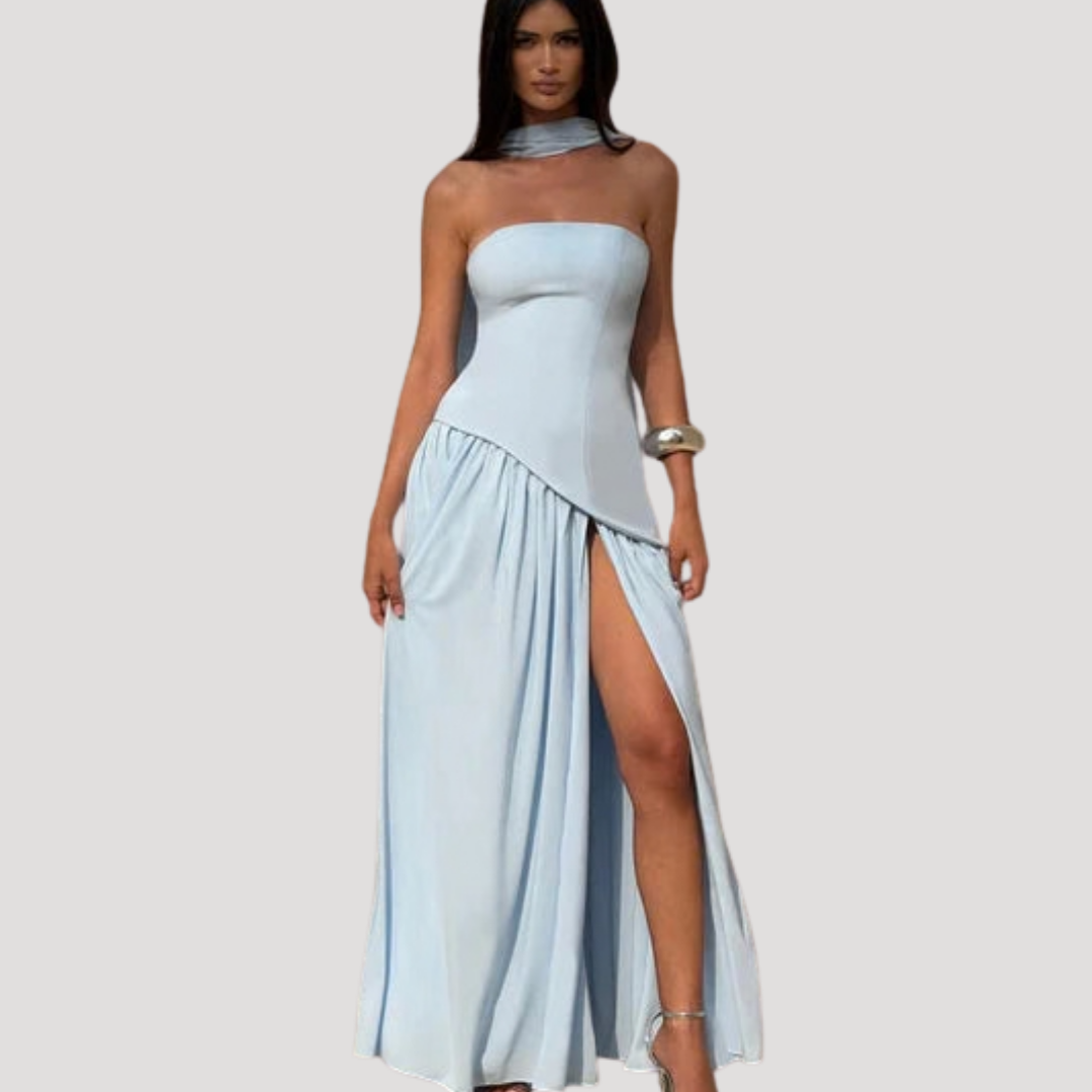Women’s Strapless Corset Maxi Dress with Neck Scarf