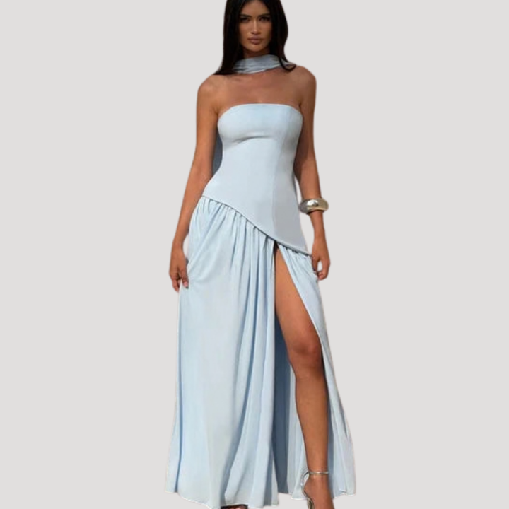 Women’s Strapless Corset Maxi Dress with Neck Scarf