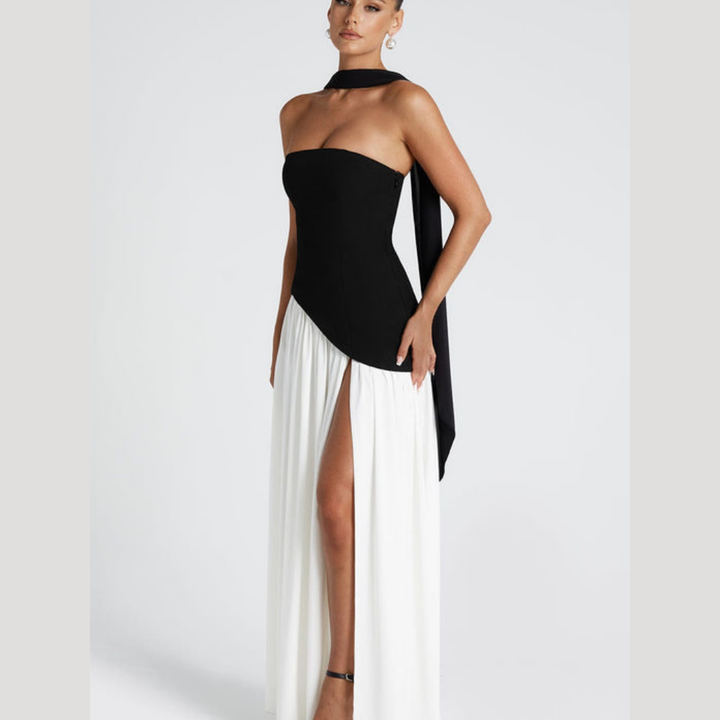 Women’s Strapless Corset Maxi Dress with Neck Scarf
