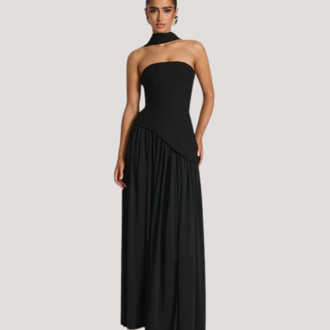 Women’s Strapless Corset Maxi Dress with Neck Scarf