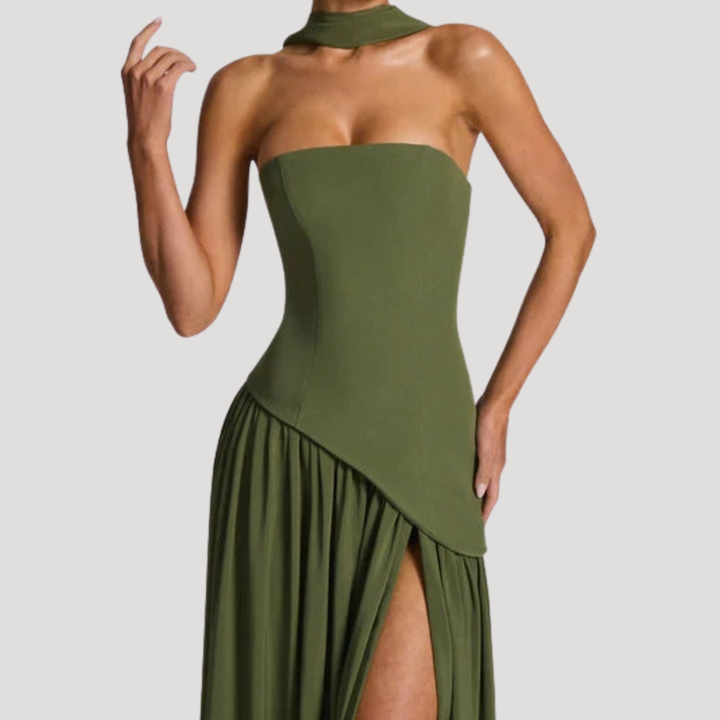 Women’s Strapless Corset Maxi Dress with Neck Scarf