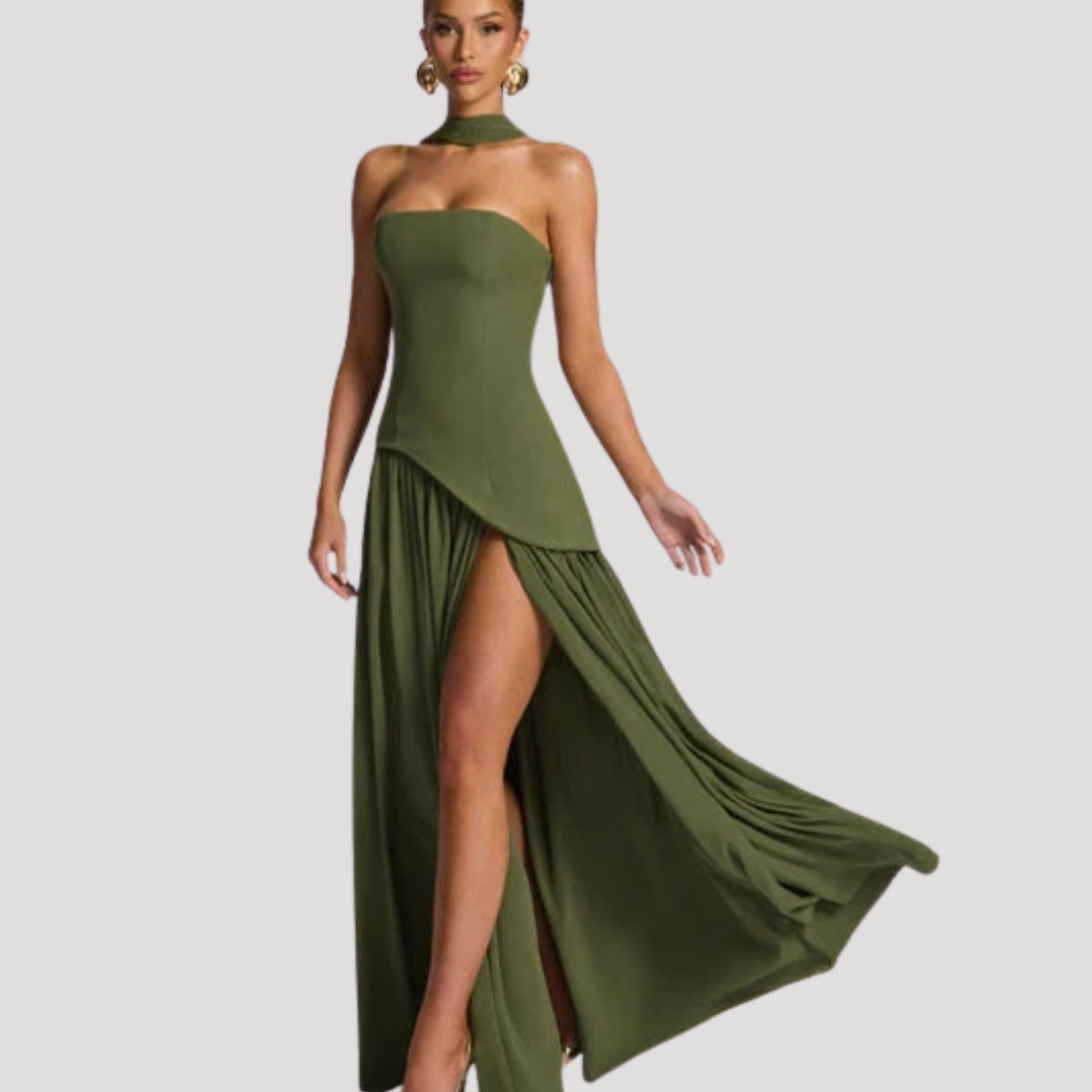 Women’s Strapless Corset Maxi Dress with Neck Scarf