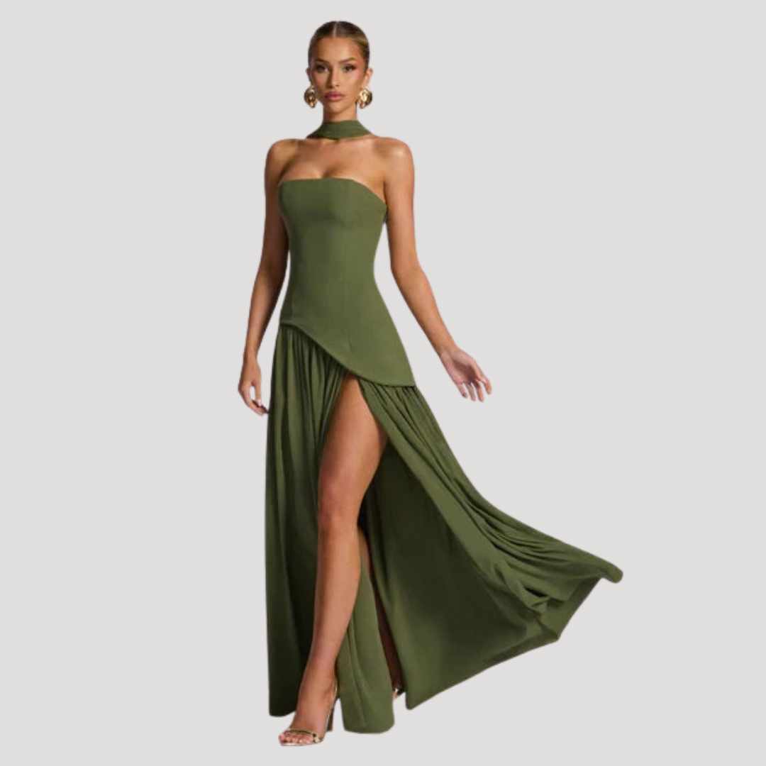 Women’s Strapless Corset Maxi Dress with Neck Scarf