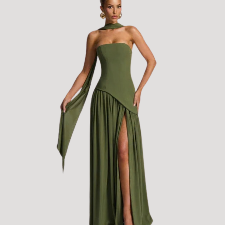 Women’s Strapless Corset Maxi Dress with Neck Scarf