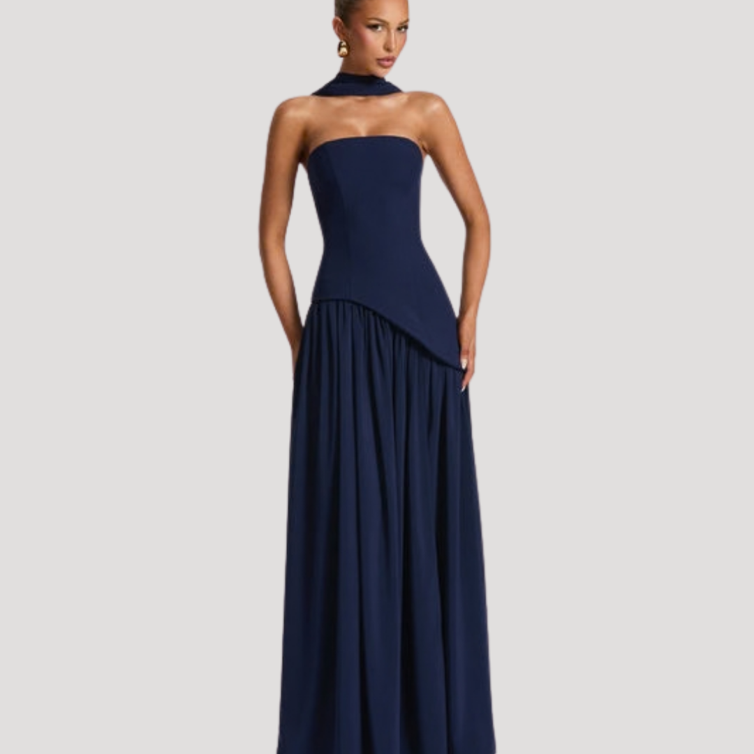 Women’s Strapless Corset Maxi Dress with Neck Scarf